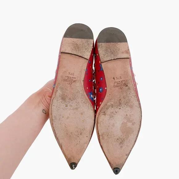 Valentino Garavani Rockstud Caged Flats EU 37.5 US 7.5 Red Stars Studded Ballet - Picture 9 of 13